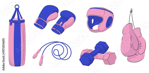 Boxing equipment set with gloves, punching bag, headgear, jump rope, and dumbbells. Colorful flat vector illustrations of fitness and training gear isolated on white background.