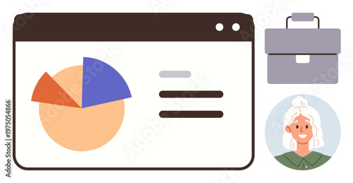Data analysis, business management, teamwork, user roles, statistics monitoring, report creation. A pie chart, user icon briefcase in a dashboard interface. Business management teamwork concept