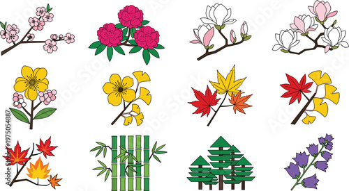 Set of Traditional Korean Nature Icons Featuring Cherry Blossoms Maple Leaves Ginkgo Bamboo and Spring Flowers for Seasonal Oriental Garden and South Korea Tourism Designs