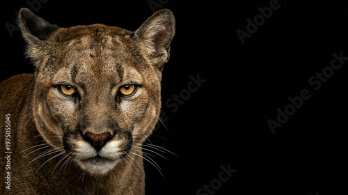 Mountain lion head portrait with intense golden eyes on a black background, featuring large copy space for design. Professional studio lighting on cougar face, high contrast animal photography