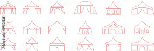 Event tent canopy pavilion icon set collection group in black red flat and line style vector illustration, camping shelter marquee gazebo awning symbol pack minimal outline design bundle