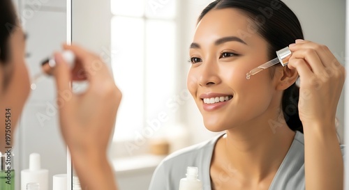 A young Asian woman applying facial serum in front of a mirror with a smile