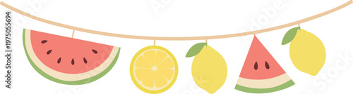 Playful summer garland featuring watermelon slices and lemons hanging on a rope in clean flat style. Ideal for party decorations, invitations, greeting cards, and bright seasonal designs.