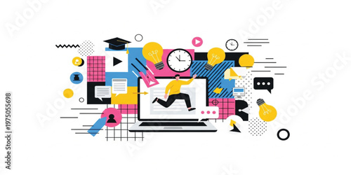 Online Education and E Learning Concept Illustration with Student on Laptop, Knowledge Icons, Light Bulbs, Clock, and Digital Learning Elements for Modern Study Design