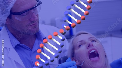 Animation of dna structure with caucasian male dentist examining teeth of female patient in clinic