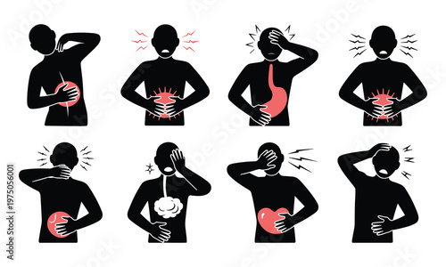 Human body pain, silhouette icons, medical illustrations, ache symptoms, health signs