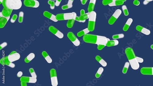 Animation of green and white pill falling over blue background