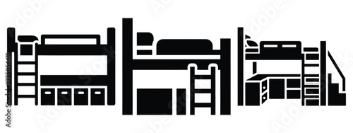 loft storage bed silhouette illustration icon set, Modern furniture vector designs.