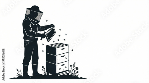 Beekeeper Tending Beehive - Classic Silhouette Illustration