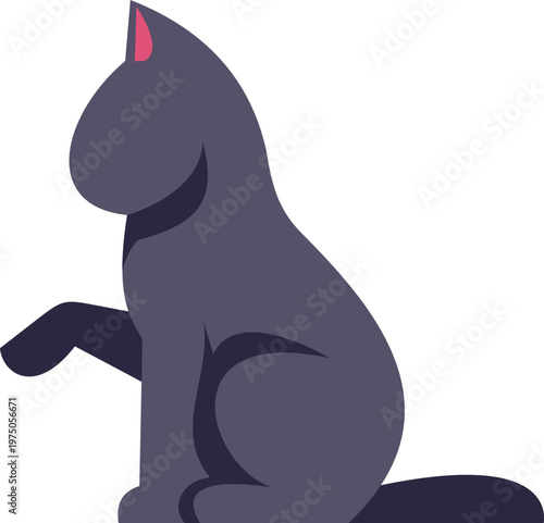 Dark purple cat sitting, raising its front paw, with a pink ear detail