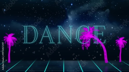 Animation of wow text over stars in the night sky and grid