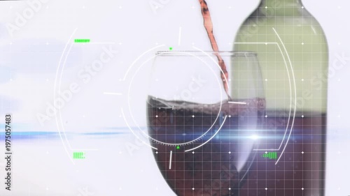 Animation of circular scanner processing over red wine pouring into glass and blue light on white