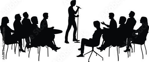 Silhouette of speaker with microphone, audience listening, public speaking, presentation scene, performance art, communication posture, seminar illustration, group interaction