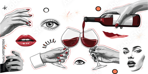 Stylish Wine Celebration Collage with Hands Pouring Red Wine Glasses Lips and Eyes in Modern Fashion Illustration for Party and Luxury Lifestyle Design