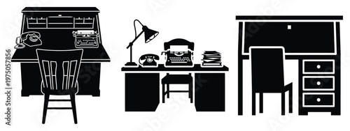 secretary desk silhouette illustration icon set, Modern furniture vector designs.