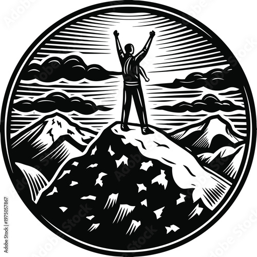 Victory, Adventure, Mountain Climber Icon, Black and White Vector Illustration