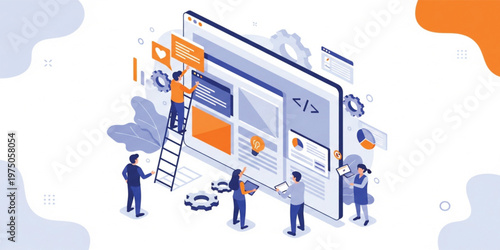 Web Development and UI UX Design Concept Illustration with Team Collaboration, Website Interface, Coding Elements, and Digital Project Workflow for Technology Design