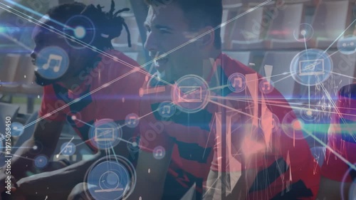 Animation of network of connections with icons over diverse rugby players at stadium