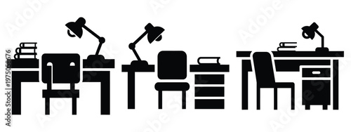 study desk silhouette illustration icon set, Modern furniture vector designs.