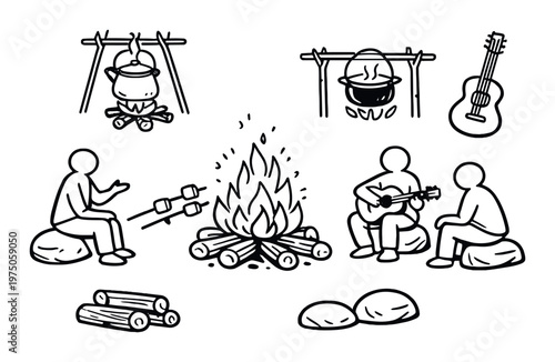People sitting around campfire with cooking and guitar outdoors