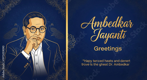 Inspirational Ambedkar Jayanti greeting card with elegant blue and gold accents