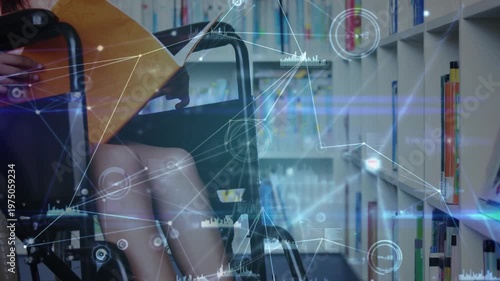 Animation of network of connections over disabled caucasian schoolgirl learning in library
