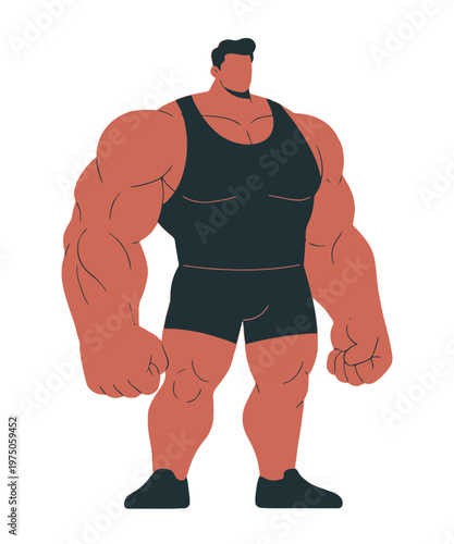 Powerful muscular bodybuilder character in black tank top and shorts, featuring an exaggerated physique and minimalist flat vector design