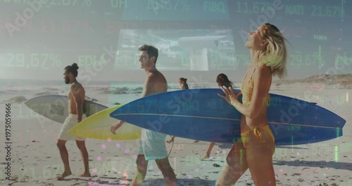 A group of friends are having fun on a tropical beach and surfing