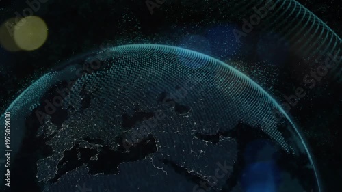 Drifting light flares igniting curve, dots forming digital globe, rotating halo showcasing data