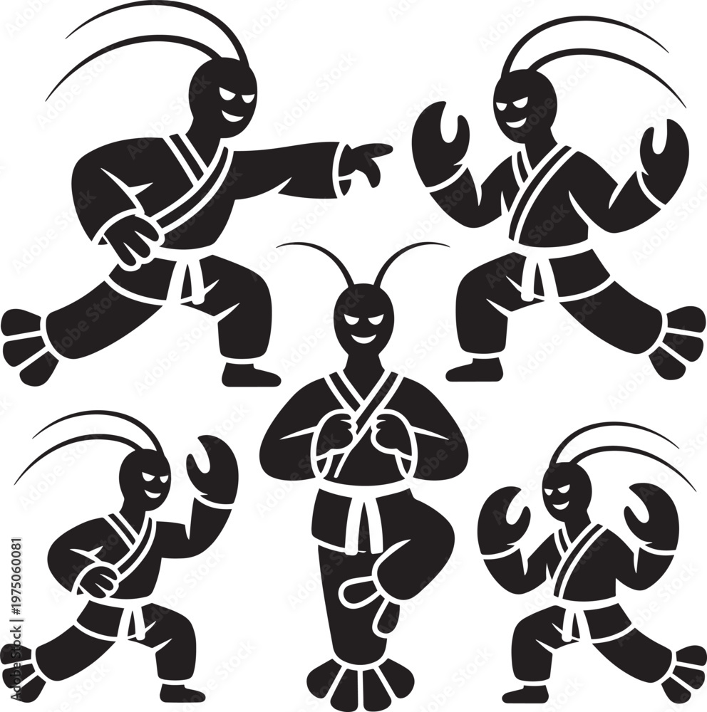 Fototapeta premium Five stylized lobster characters practicing martial arts in various dynamic poses vector illust