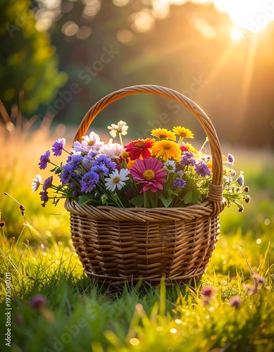 A vibrant basket overflows with colorful blooms, basking in the warm golden light of the setting sun. Lush green grass surrounds