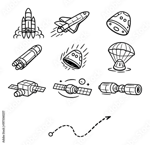 Spacecraft and reentry components arranged on dark background