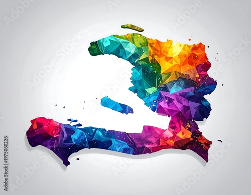 A vibrant, colorful polygonal depiction of a Caribbean island nation's geographical outline against a white background. It features a modern, geometric style