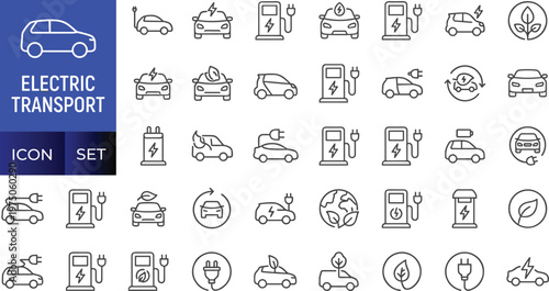 Electric transport icon set with various eco friendly vehicle and charging station symbols