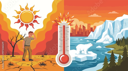 Climate change and global warming conceptual illustration showing extreme heat and the bad impact on wildlife and humans