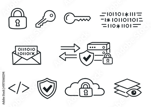Encryption and security icons arranged on dark gradient background