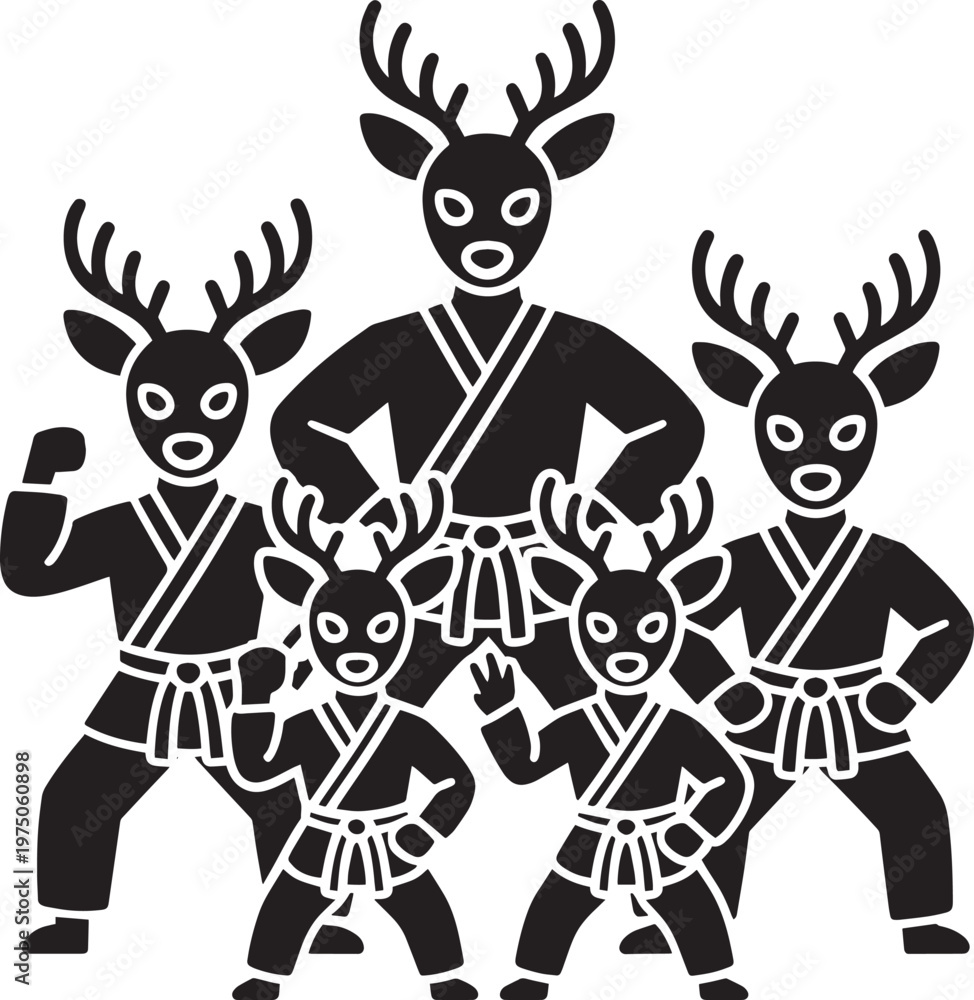 Fototapeta premium Group of deer in martial arts uniforms preparing for a fight in outline style
