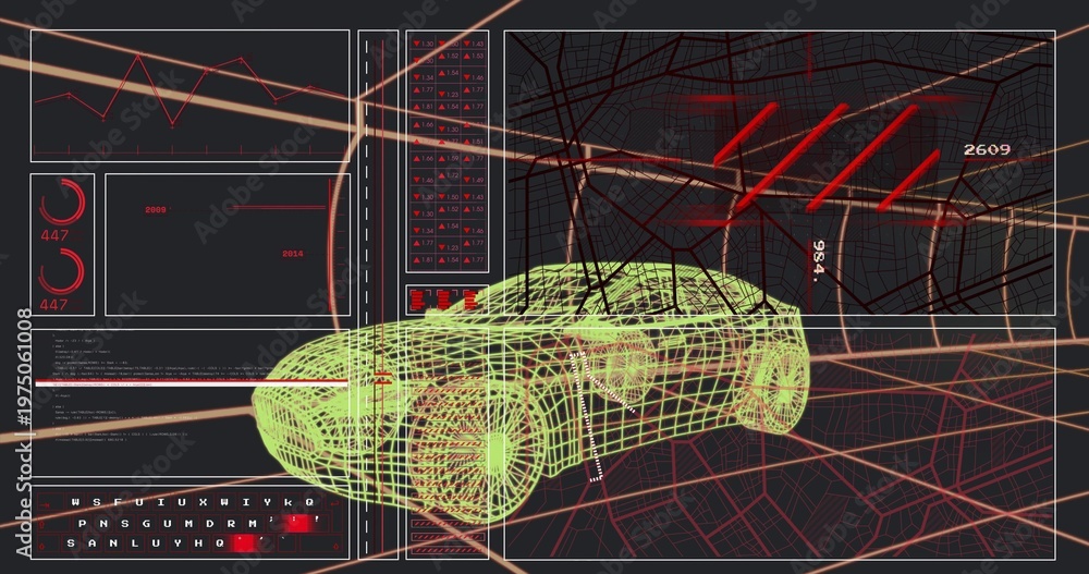 Fototapeta premium Booting neon green wireframe sports car rotating on grid, UI panels updating for testing