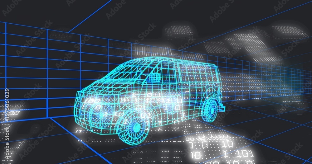 Fototapeta premium Displaying holographic cyan wireframe van rotating in dark virtual studio, with binary code