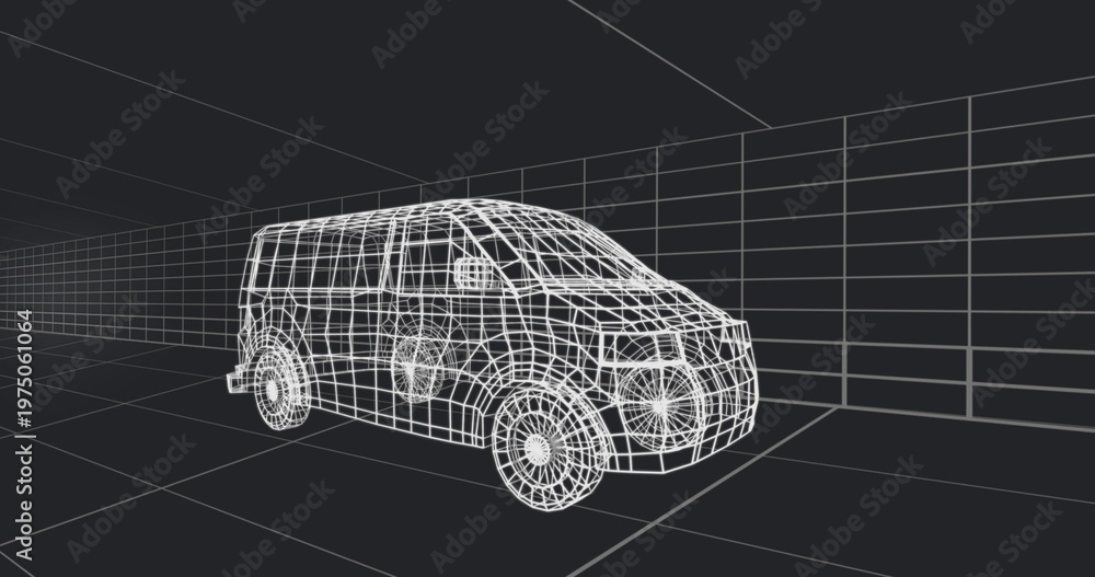 Fototapeta premium Camera dollying, wireframe passenger van showing polygon mesh, edge loops, spoke meshes for CAD