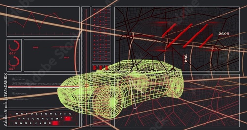 Booting neon green wireframe sports car rotating on grid, UI panels updating for testing