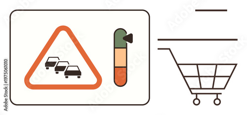 Traffic congestion, transportation, urban planning, retail trends, consumer habits, shopping. Triangle sign with cars, congestion level indicator shopping cart. Traffic congestion and transportation