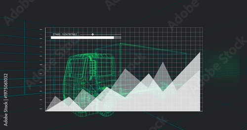 Displaying translucent panel over neon wireframe van in teal grid, showing chart and slider