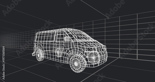 Camera dollying, wireframe passenger van showing polygon mesh, edge loops, spoke meshes for CAD