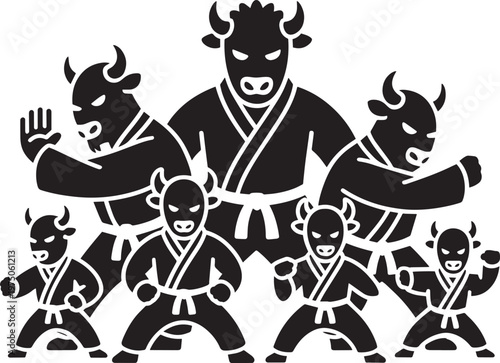 Seven bull characters with black belts practicing martial arts in traditional gis, a fighting v