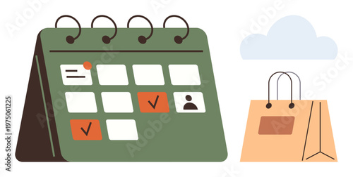 Time management, event planning, online shopping, task organization, productivity, retail scheduling. Calendar with marked tasks and a shopping bag. Time management and event planning concept