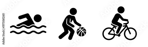 Black sport motion icons featuring a swimmer, ball player, and cyclist. Simple vector pictograms on a white background suit fitness apps, infographics, and gym branding.