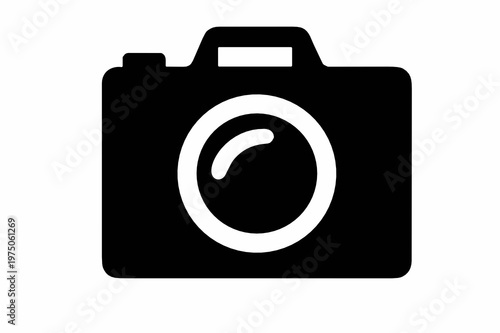 Bold black camera icon with lens detail on a transparent background. Simple flat vector symbol for photography, photo apps, media content, equipment labels, and creative user interfaces.