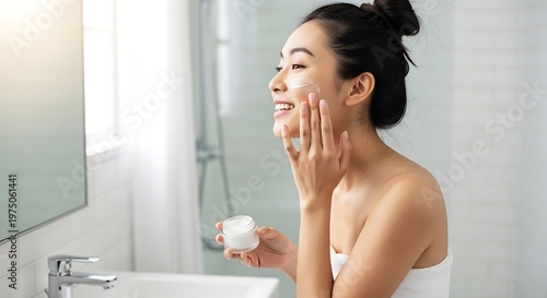 Mulher aplicando creme facial em banheiro moderno