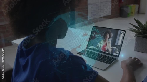 Call connecting, user watching host showing brochure, globe rotating over screen for learning